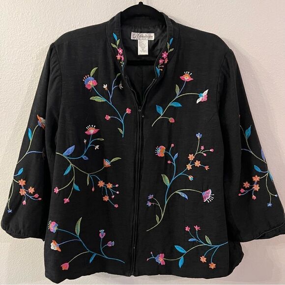 Dressbarn Silk Jacket Size 2X Black Embroidered Flowers Zip Front Fully Lined - Picture 1 of 7